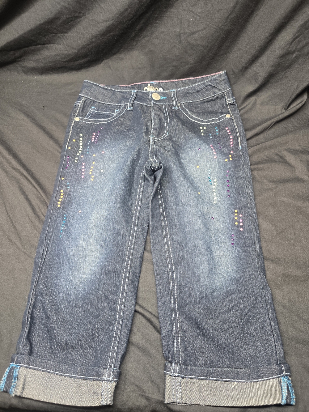 Circo Girls Size 12 Y2K Embellished Jeans Colorful Rhinestones Rainbow Stitch